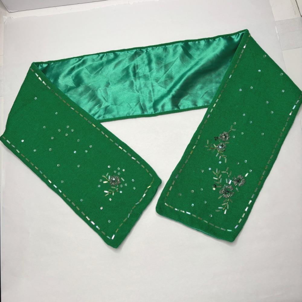 VTG Kelly Green Knit Rectangle Scarf Beaded Sequins Satin Back Retro Glam Boho